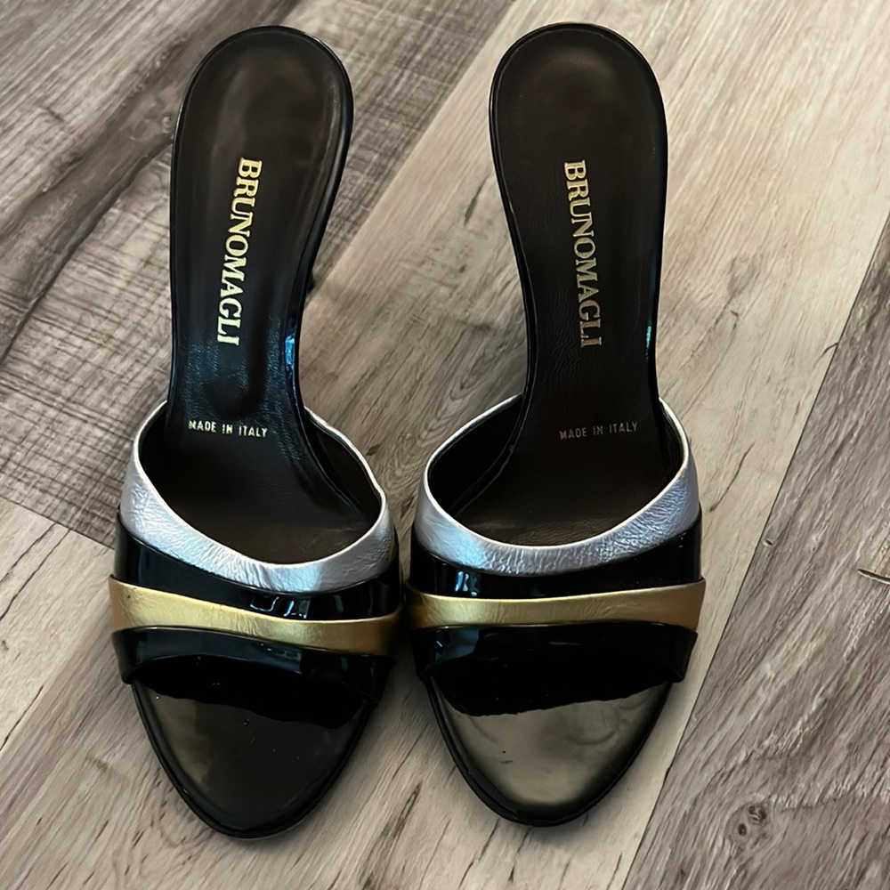 Bruno Magli size 37 heels black patent leather with gold/silver 2 inch heel